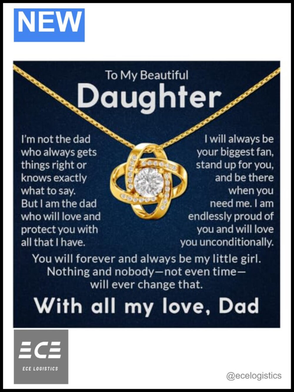 Father to Daughter Love Knot Pendant Necklace Yellow Gold Finish CZ